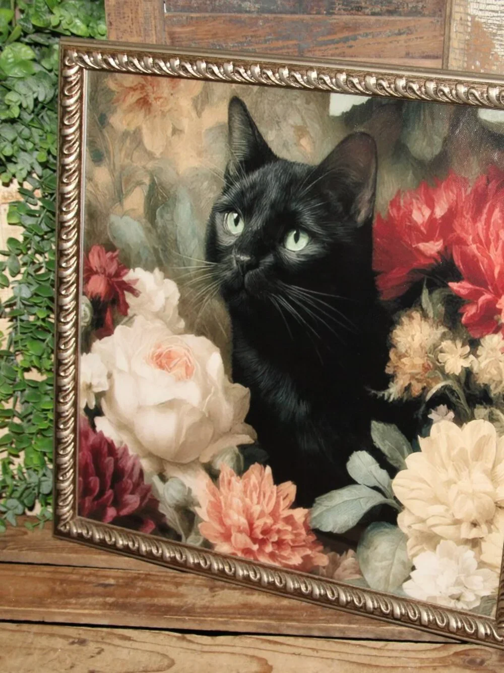 Gorgeous Moody Black Cat with French Floral Wall Decor Picture in Vintage Frame